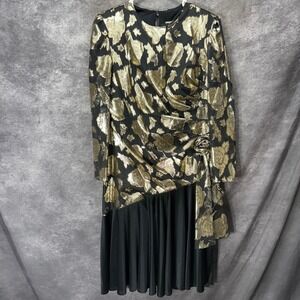David Rose Vintage 80s Gold Metallic Brocade Floral Dress Size 16 Party Glam